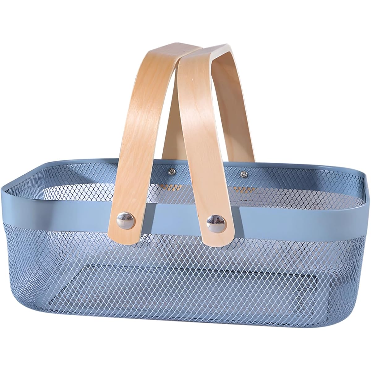 Blue Metal Storage Basket with Wooden Handles