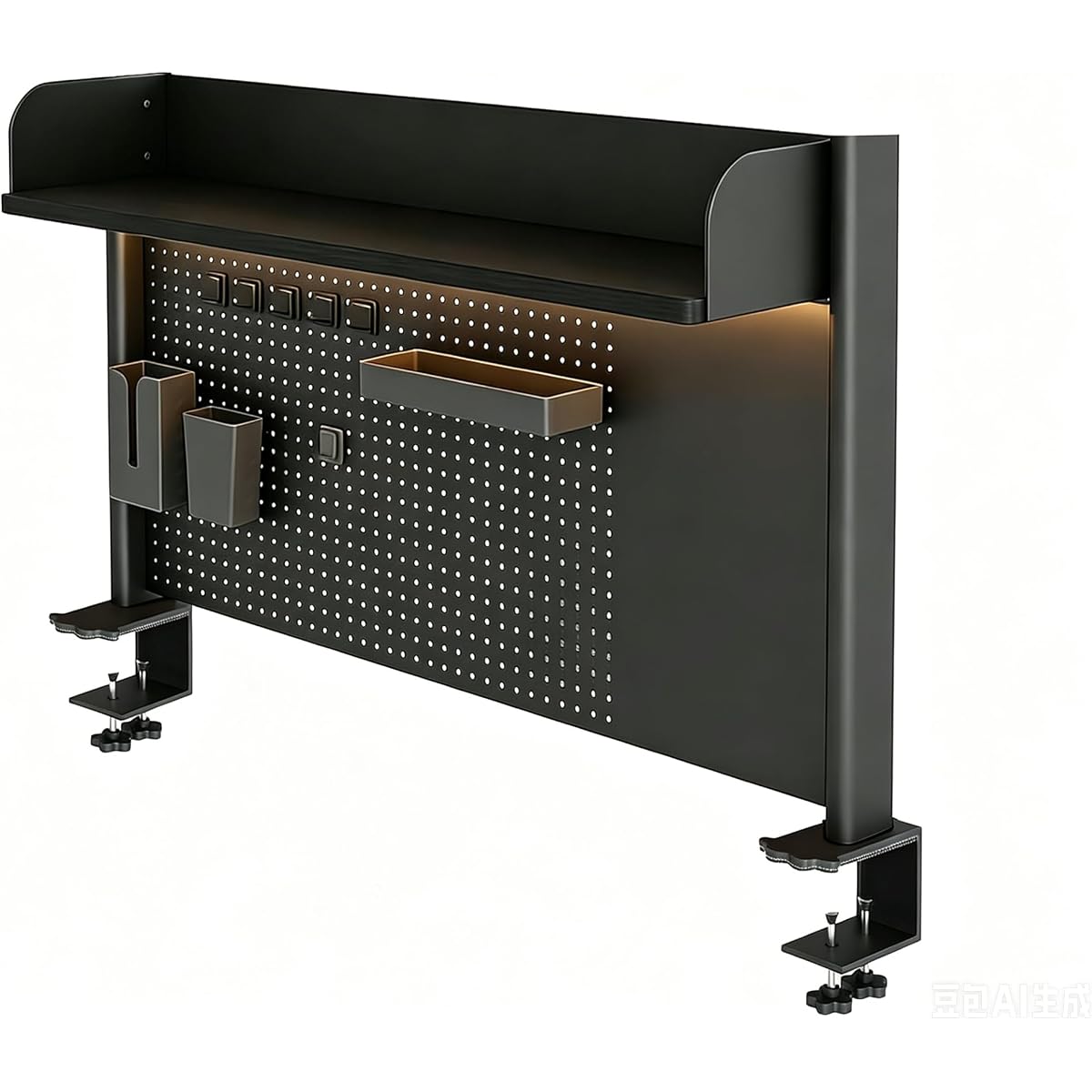 Black Clamp-On Desk Shelf with Pegboard