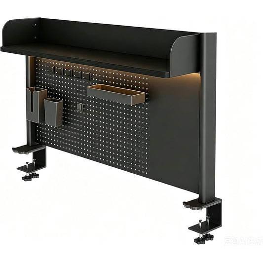 Black Clamp-On Desk Shelf with Pegboard